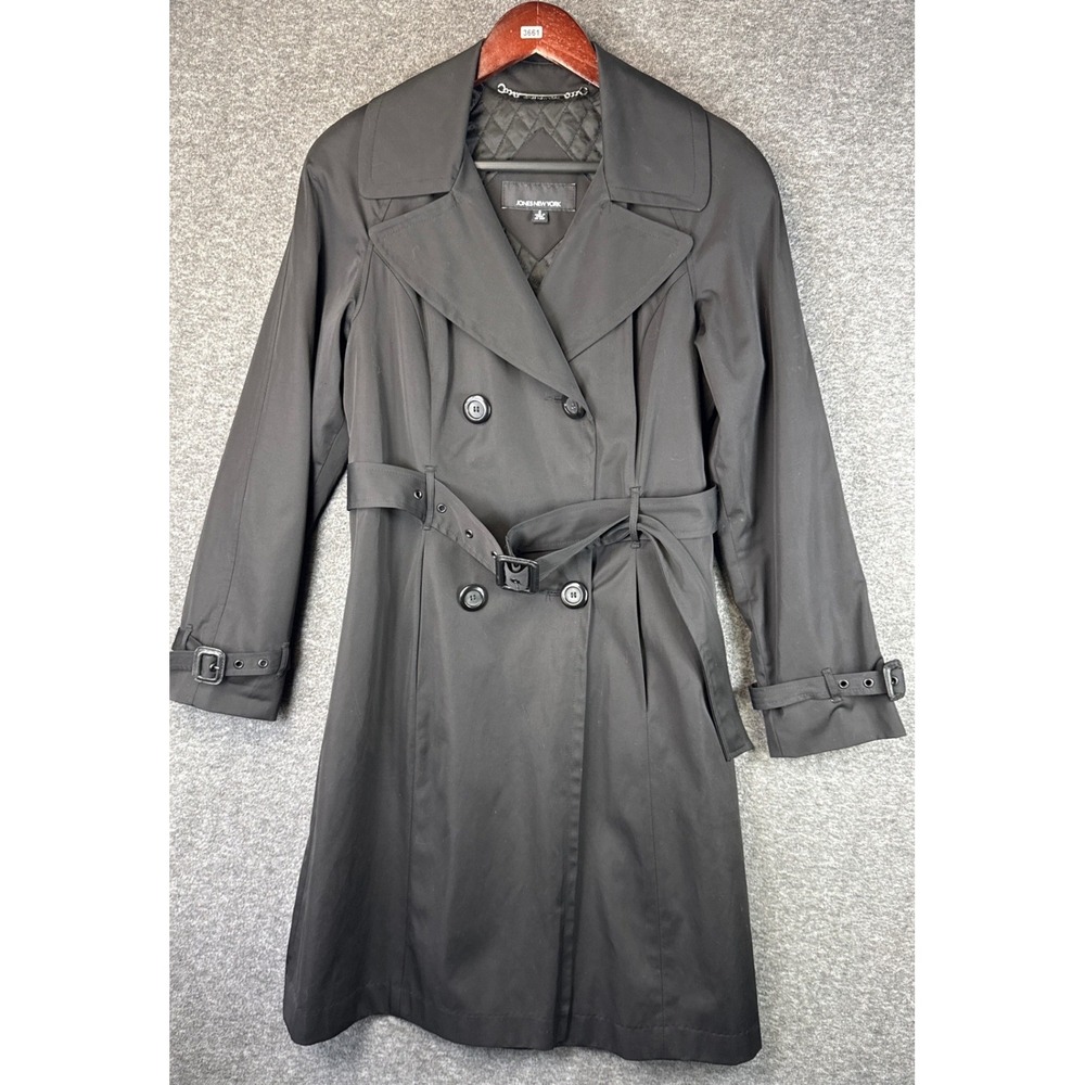Jones New York Black Double‎ Breasted Belted Trench Coat Womens Size S Rain Wind